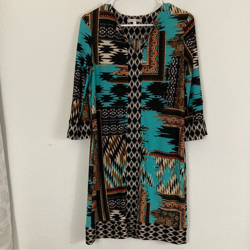 SIGNATURE CAMRYN BOHO AZTEC PRINT DRESS, SMALL